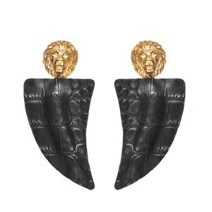 LION HEAD BLACK LEATHER EARRING